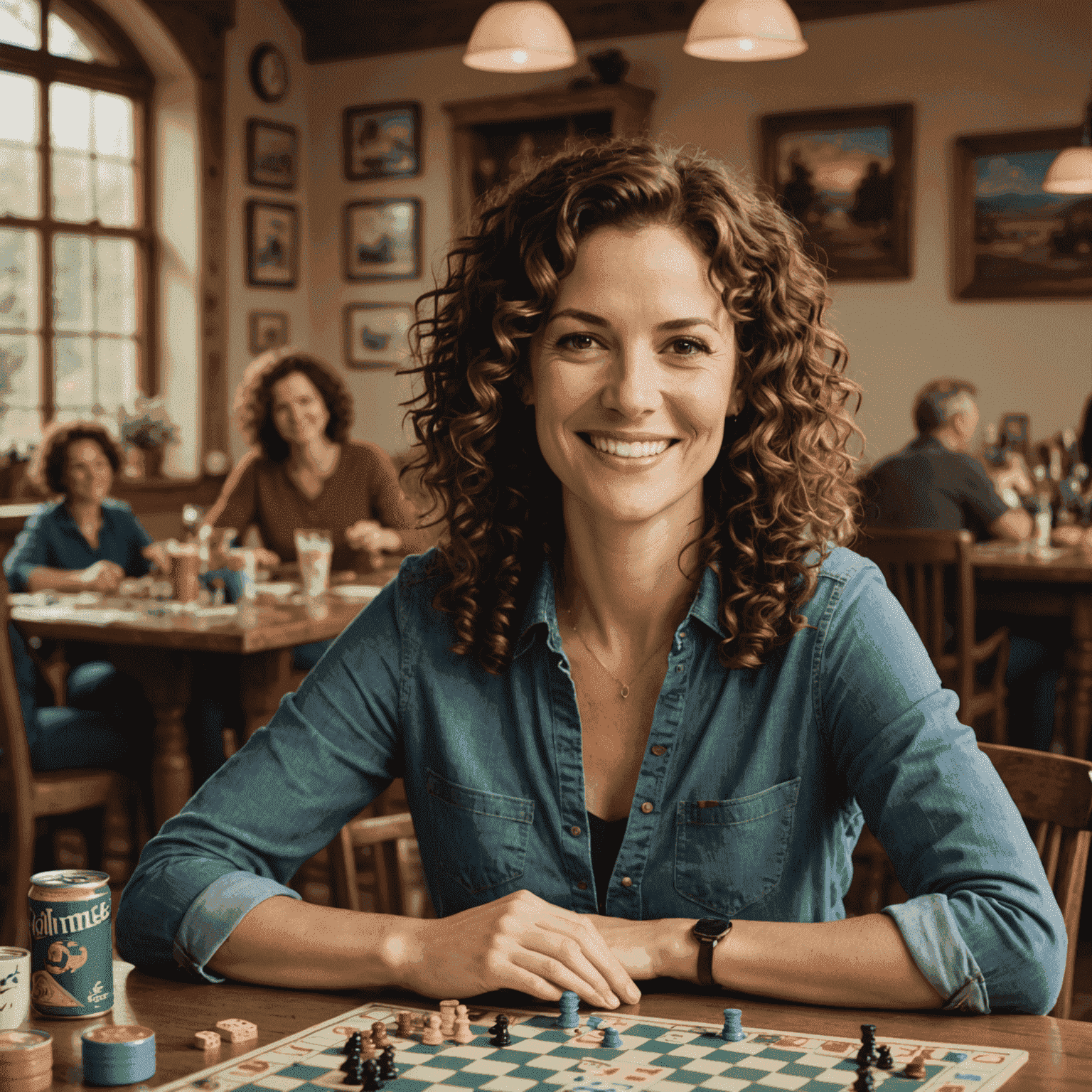 A warm and friendly portrait of Lisa Schmidt, a woman in her early 30s with curly brown hair and a welcoming smile, sitting at a table with board games spread out in front of her.