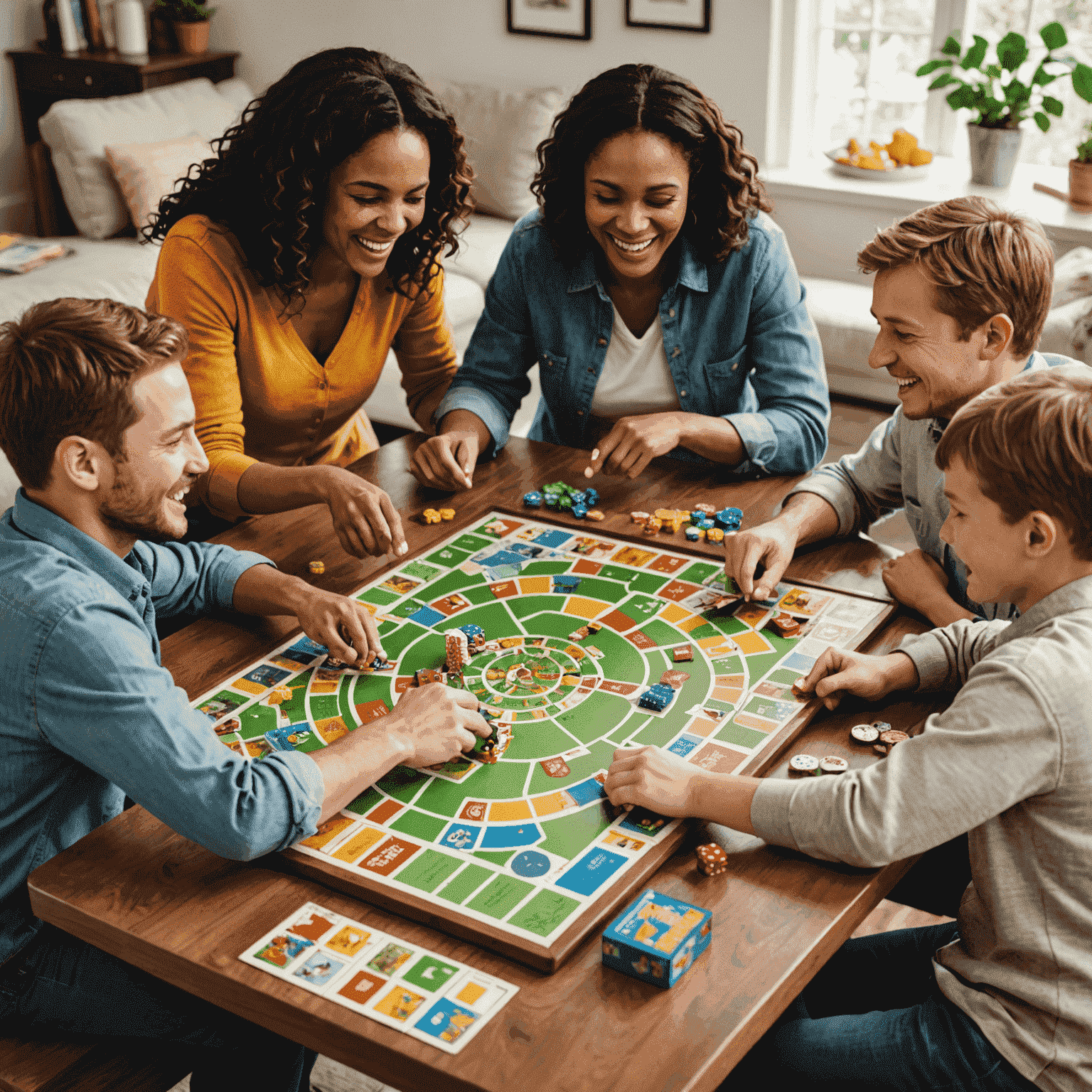 A family gathered around a table, laughing and playing a colorful board game. The image showcases various game pieces and cards spread out on the table.