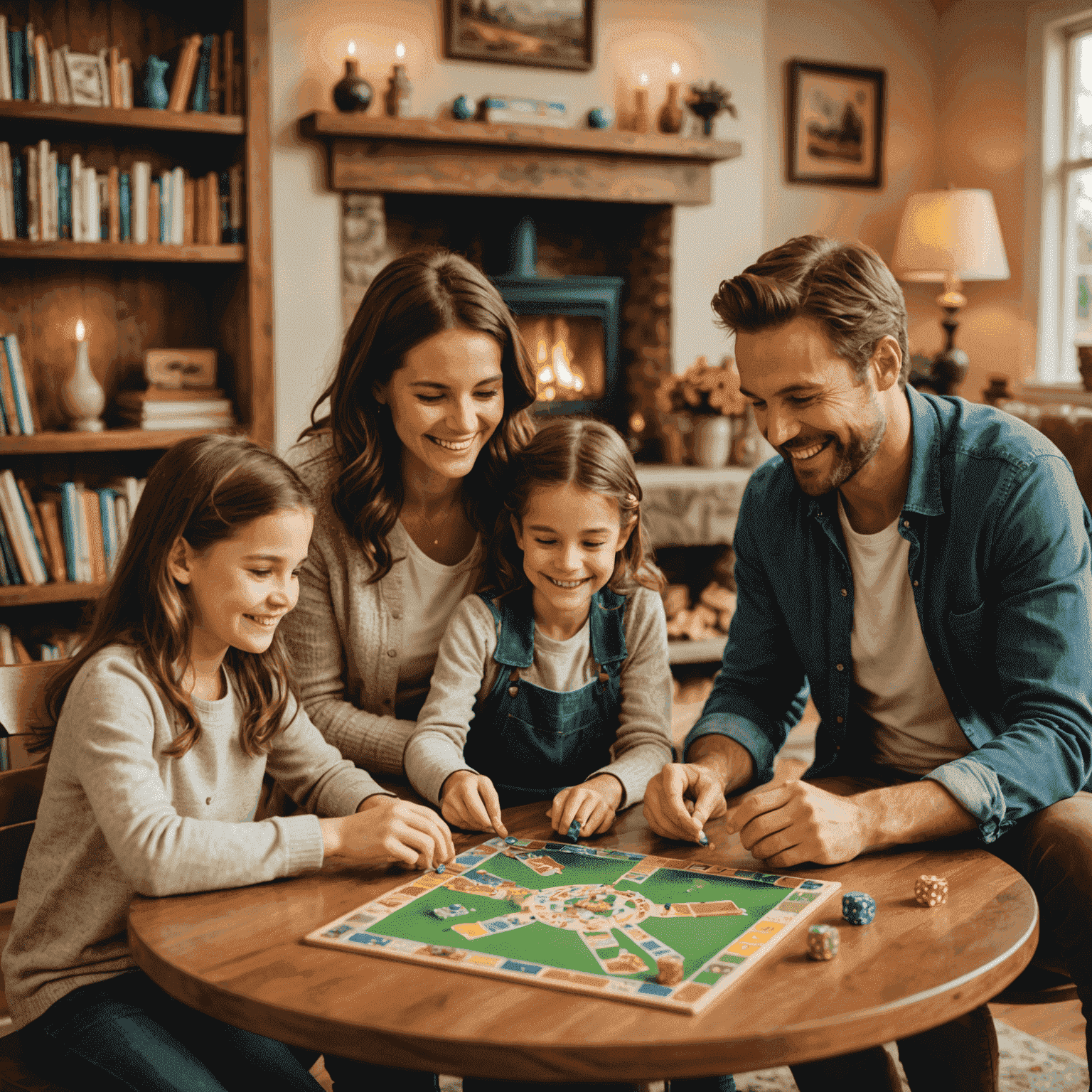 A family of four sitting around a wooden table, smiling and playing a colorful board game. The room is warmly lit, with bookshelves in the background and a cozy fireplace to the side.