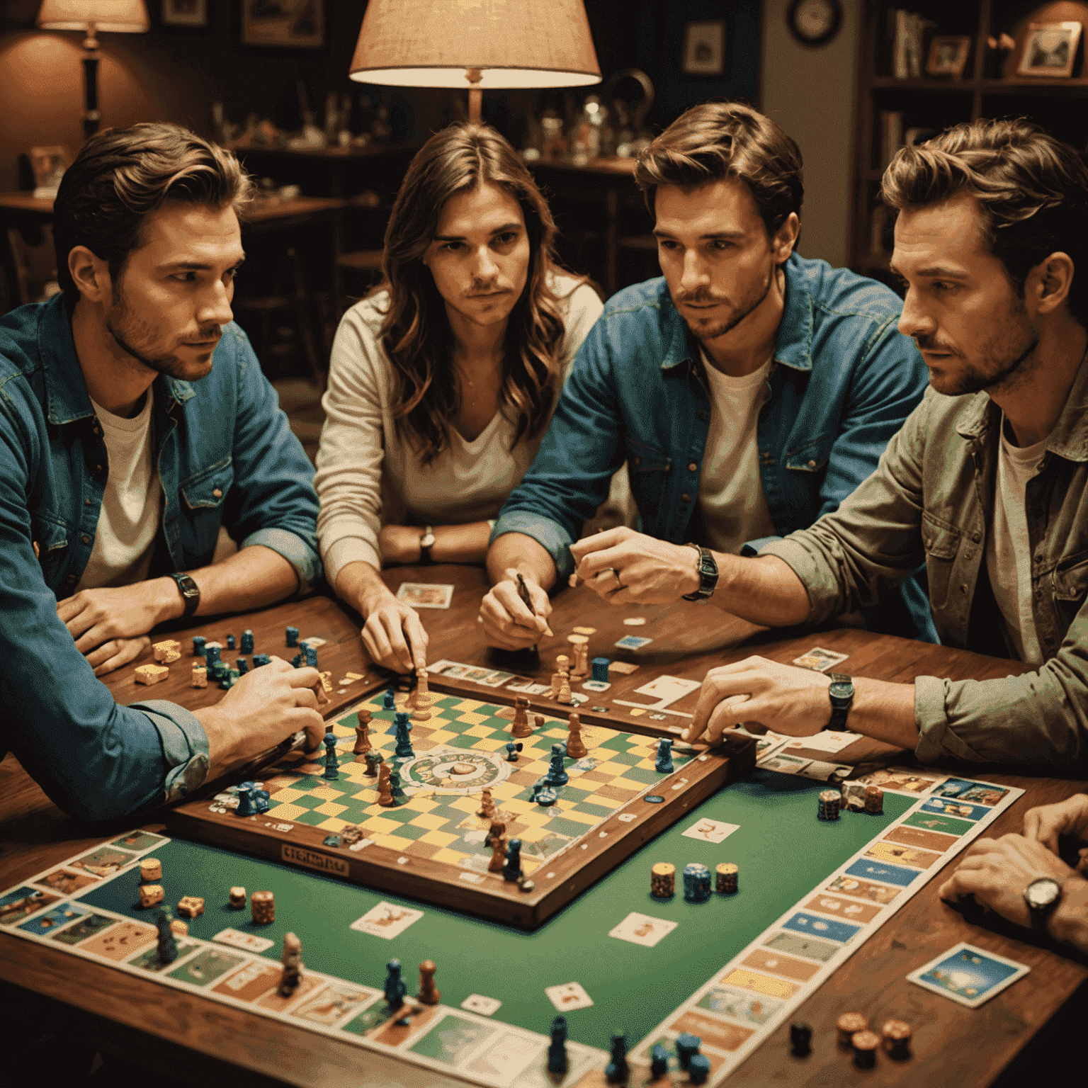 A group of friends gathered around a table, deeply engaged in a complex strategy board game. The scene is warmly lit, emphasizing the camaraderie and concentration on their faces as they ponder their next moves.