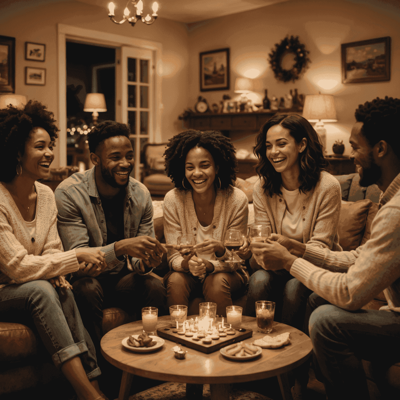 A lively group of diverse friends and family members laughing and playing a party game in a cozy living room. The scene is warm and inviting, with soft lighting and natural decorations.