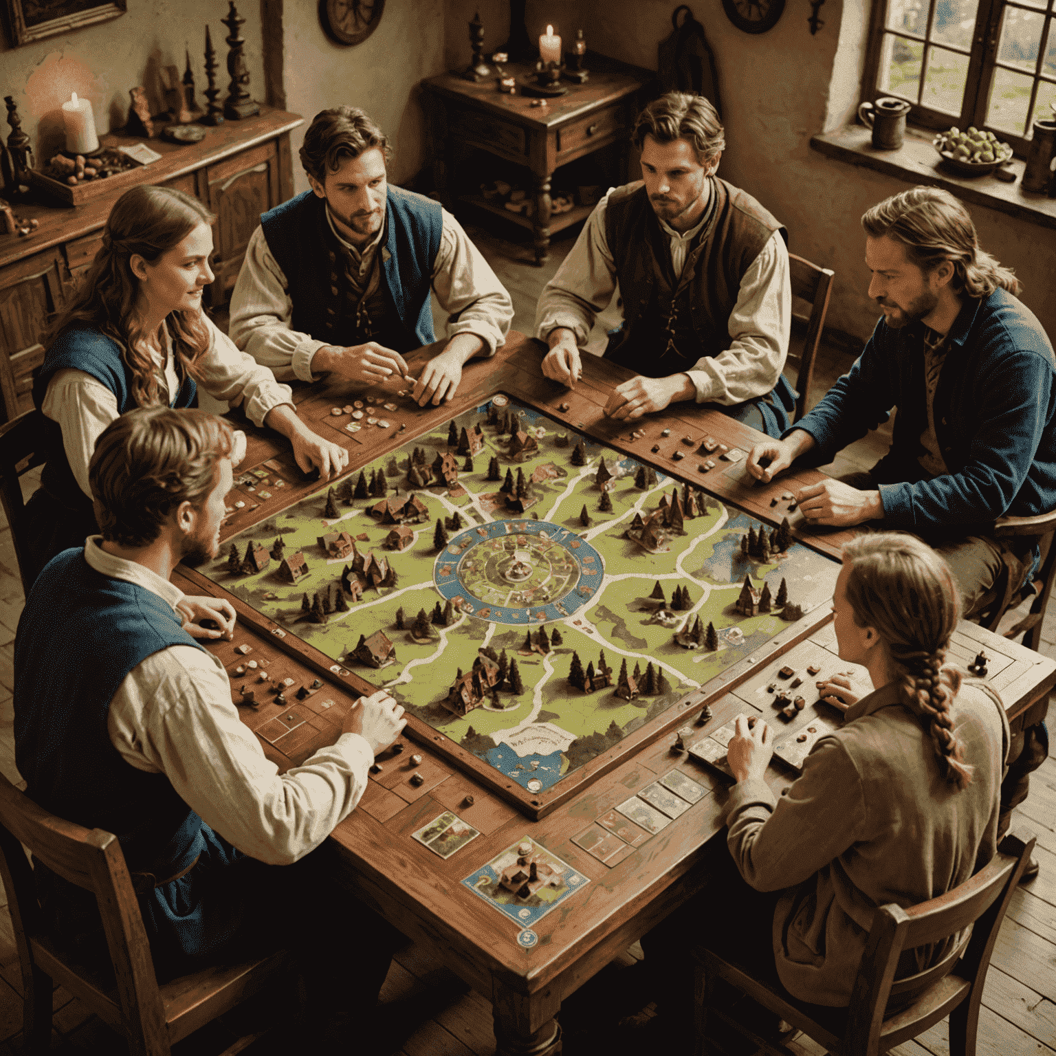 A group of friends gathered around a table, playing a German-style board game. The game board is intricately designed with a medieval European landscape, and players are holding wooden game pieces.