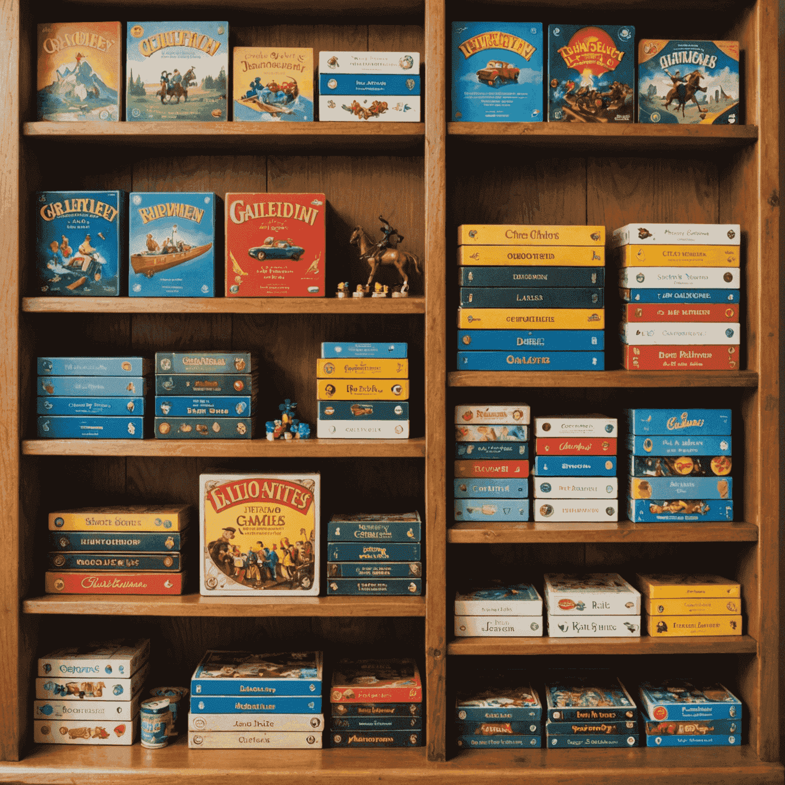 A collection of well-maintained board games neatly arranged on a wooden shelf, showcasing proper storage techniques