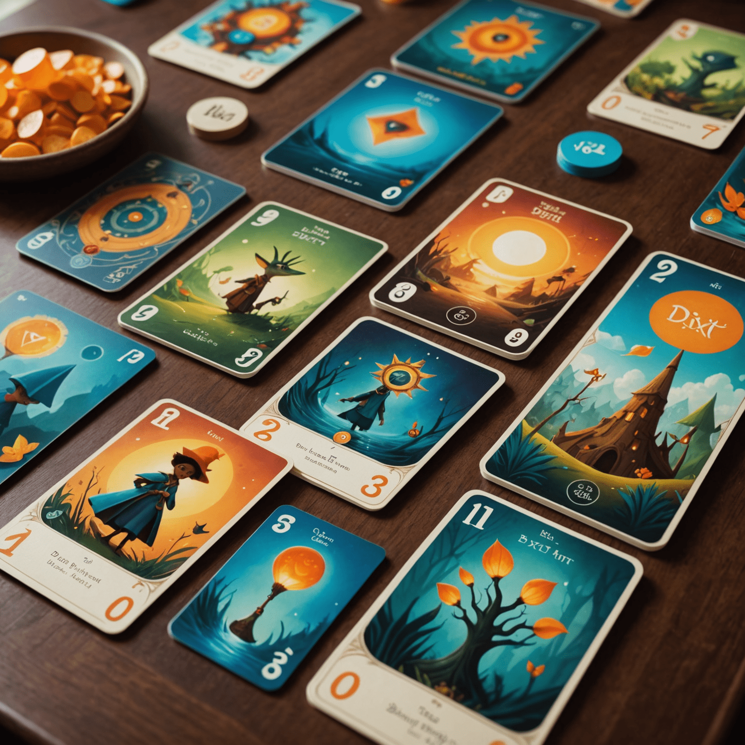 A spread of Dixit cards on a table, showcasing their whimsical and dreamlike artwork. The scoring track and voting tokens are visible, highlighting the game's unique mechanics.