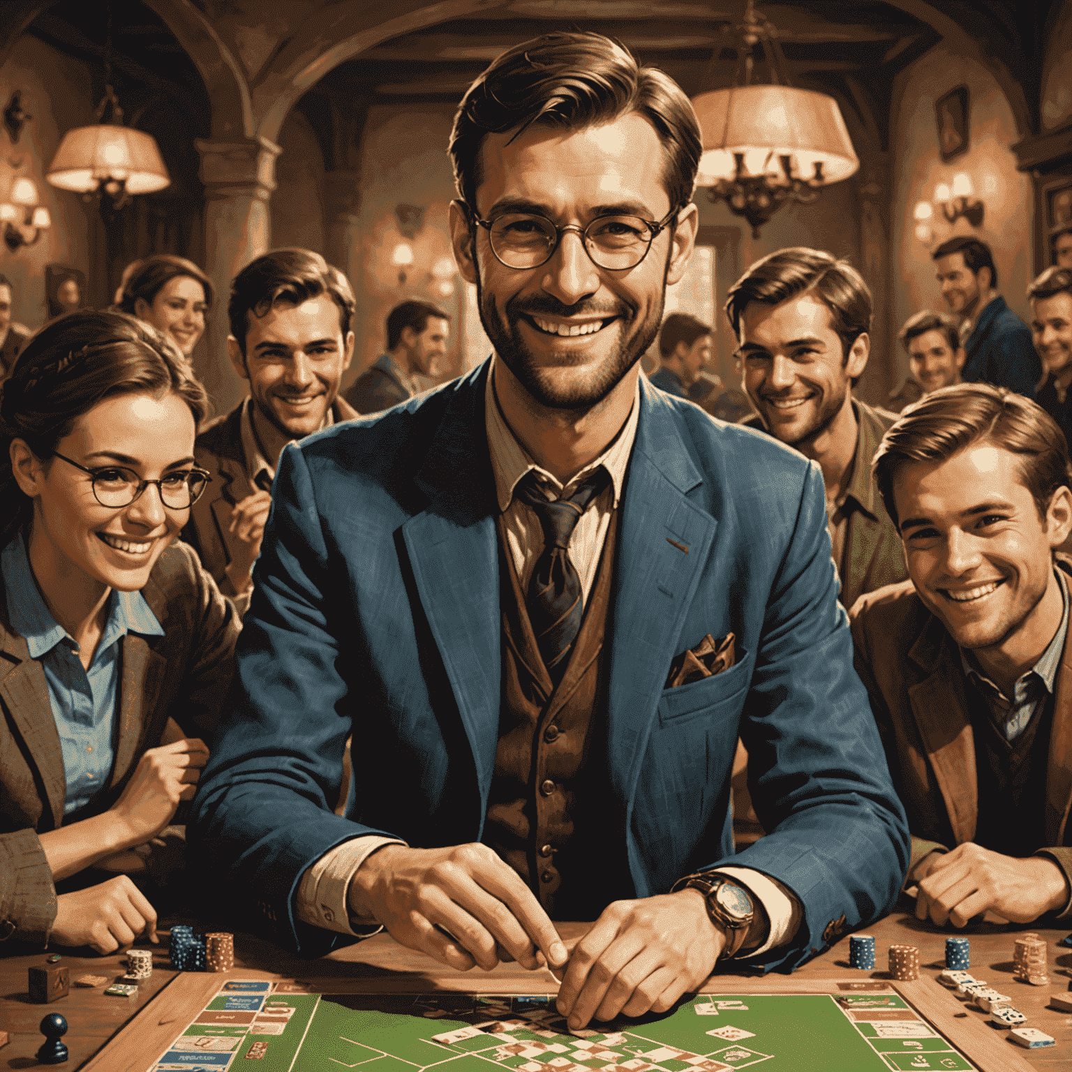 A cheerful image of Max Weber, a man in his late 20s with glasses and a friendly grin, demonstrating a board game move to a group of attentive players.