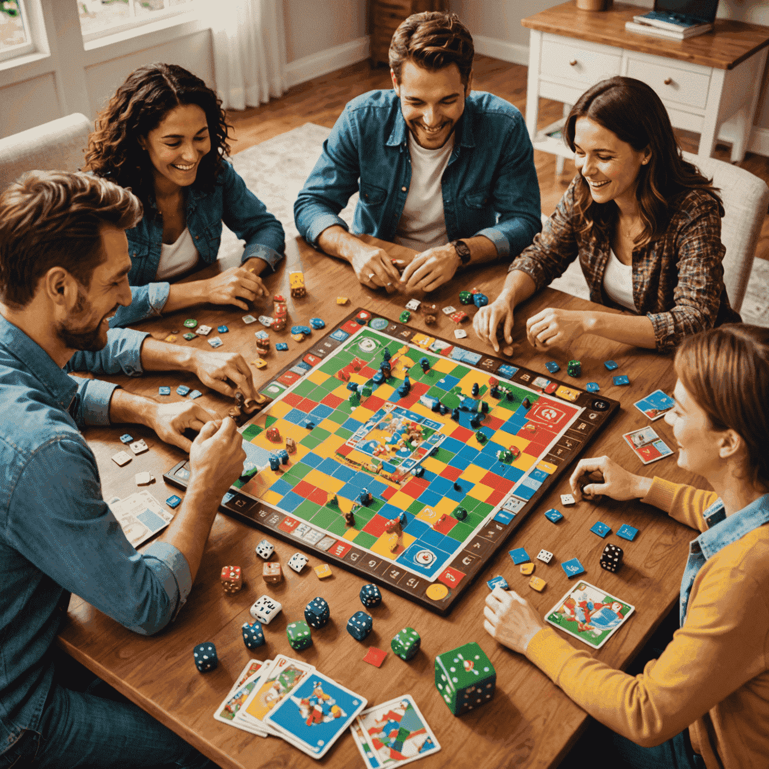 A group of family members gathered around a table, laughing and playing colorful board games. The image showcases various game pieces, cards, and dice scattered on the table.