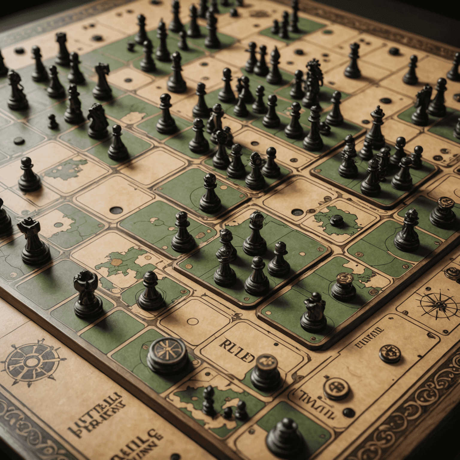 A close-up of a complex strategy game board with intricate pieces, symbolizing deep thinking and tactical planning.