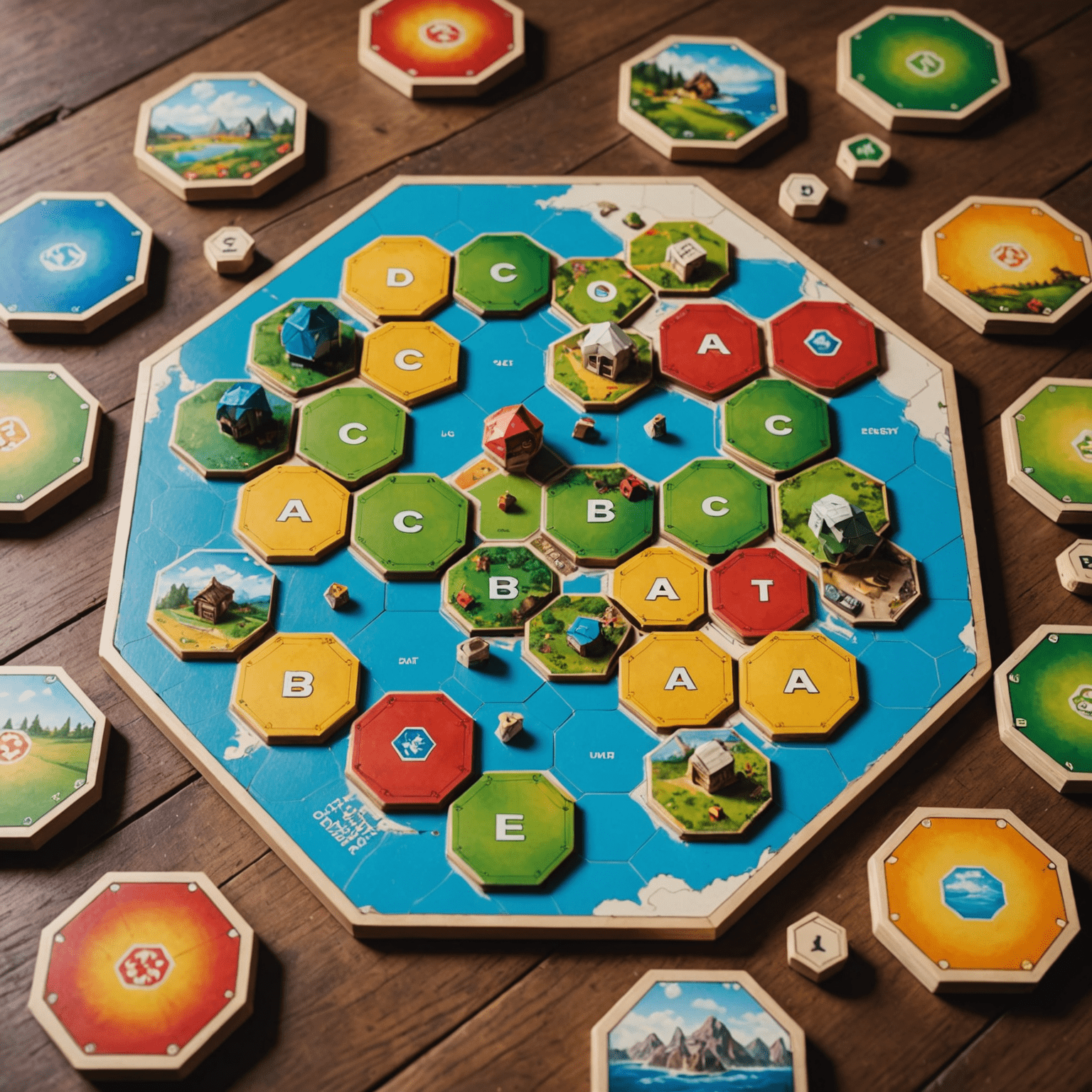 The Catan board game set up on a rustic wooden table, with colorful hexagonal tiles forming the island, wooden settlements, and resource cards spread out.