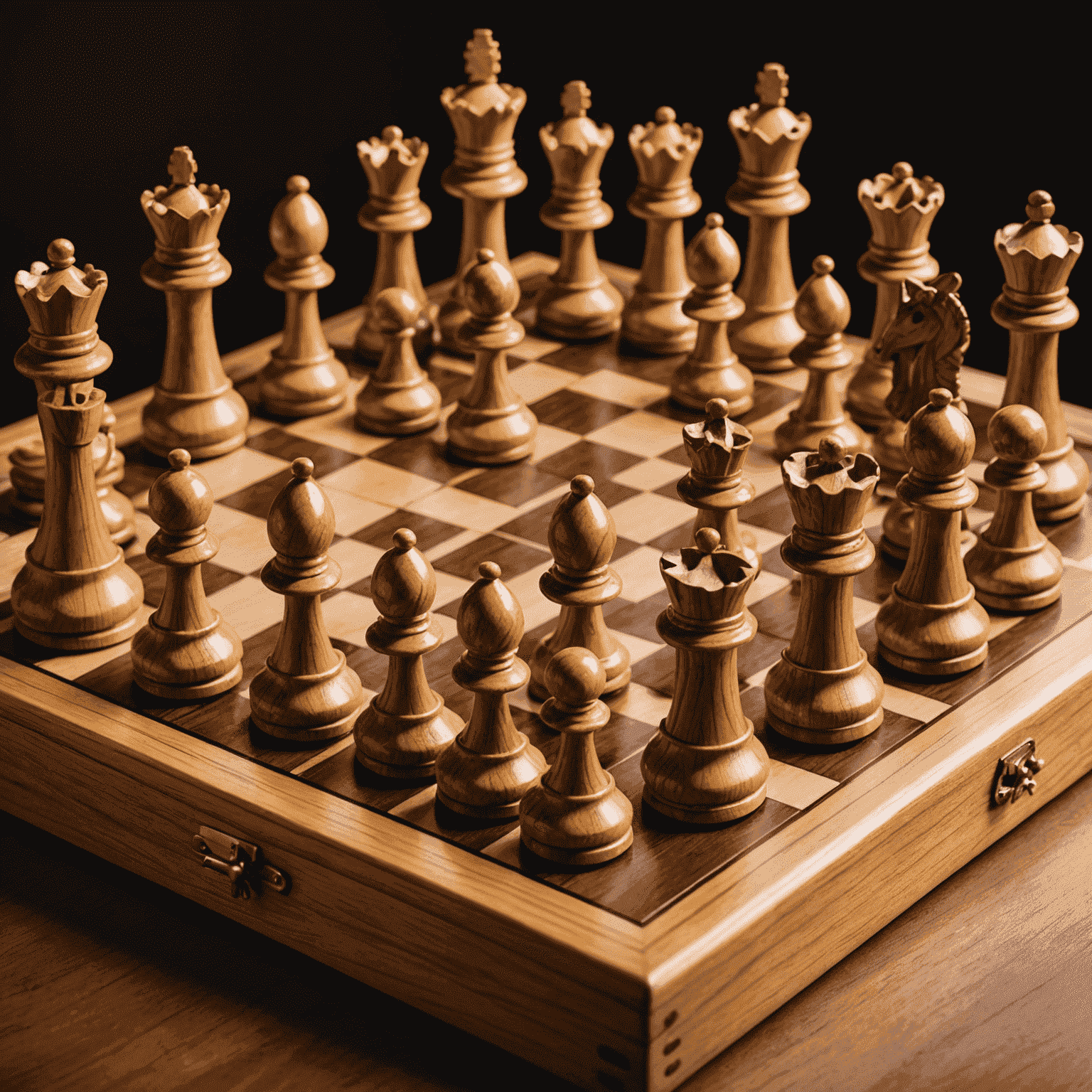 A beautifully crafted wooden chess set, with intricately designed pieces arranged on a board. The image captures the timeless elegance and strategic depth of the game.