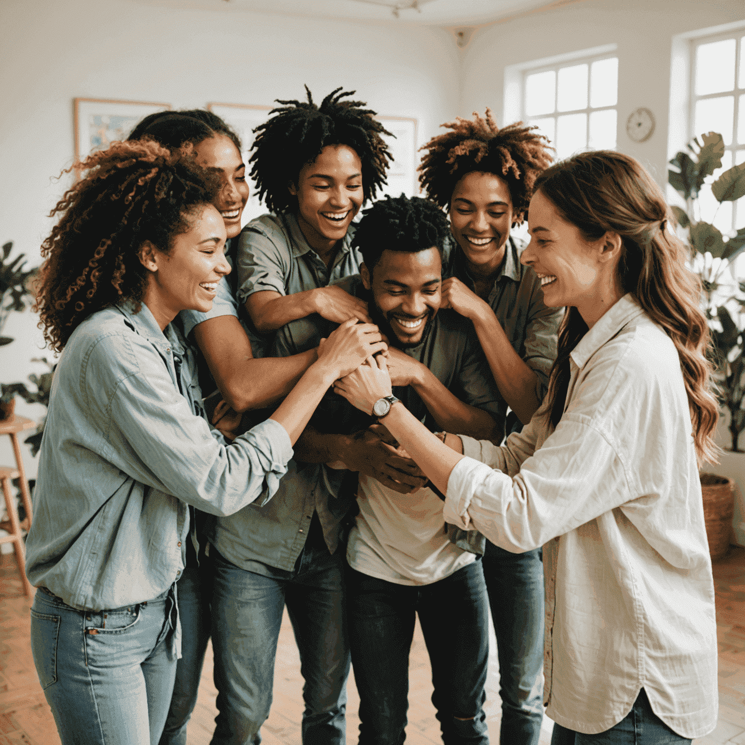 A group of people tangled up in a 'human knot' game, laughing and working together to untangle themselves. The image shows a diverse group in a bright, airy room with natural decor elements.