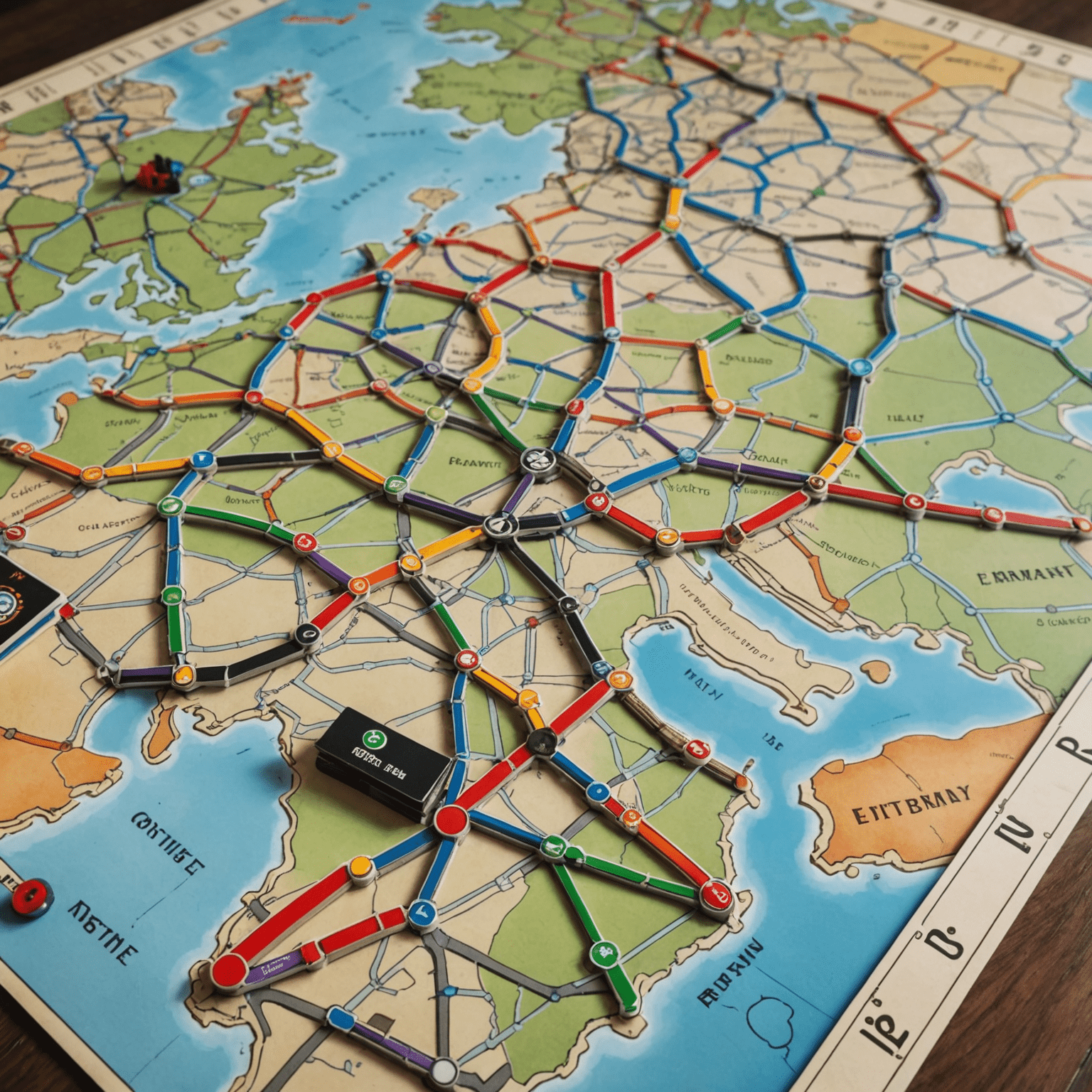 A close-up of the Ticket to Ride: Germany game board, showing a map of Germany with colorful train routes connecting various cities. Game pieces and cards are scattered around the board.