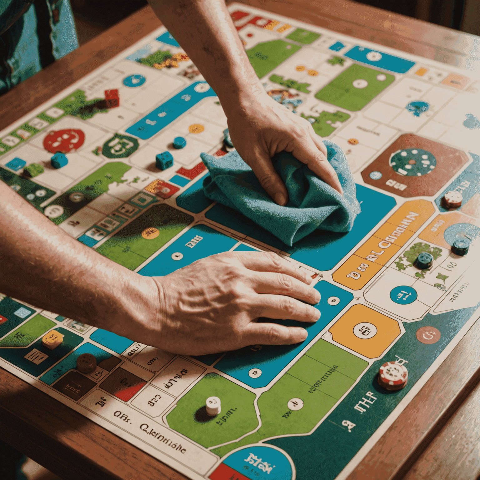 A person carefully cleaning a board game with a soft cloth, demonstrating proper cleaning techniques