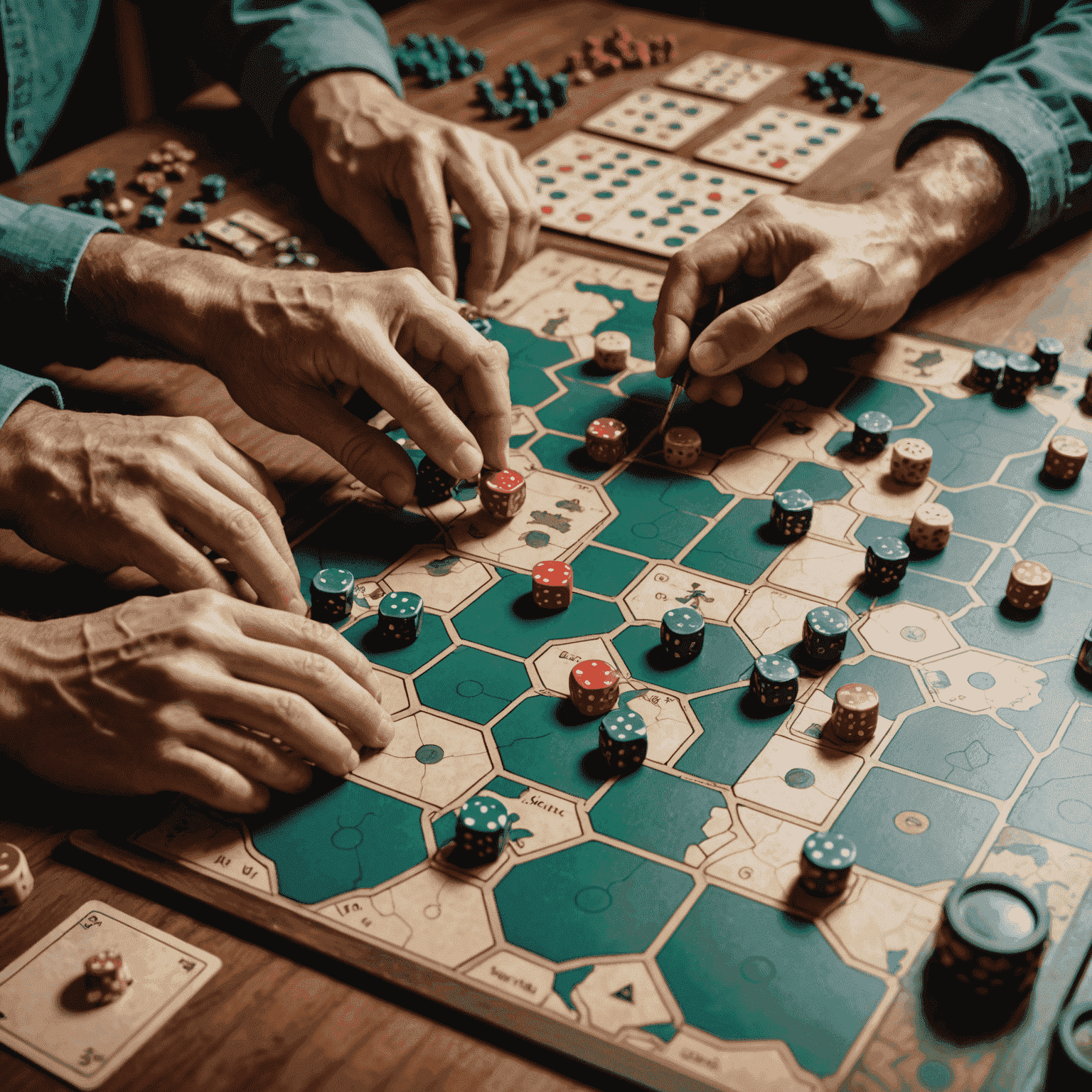 A close-up of a complex strategy game board with intricate pieces, maps, and cards. The image shows hands moving game pieces, suggesting deep thought and planning.