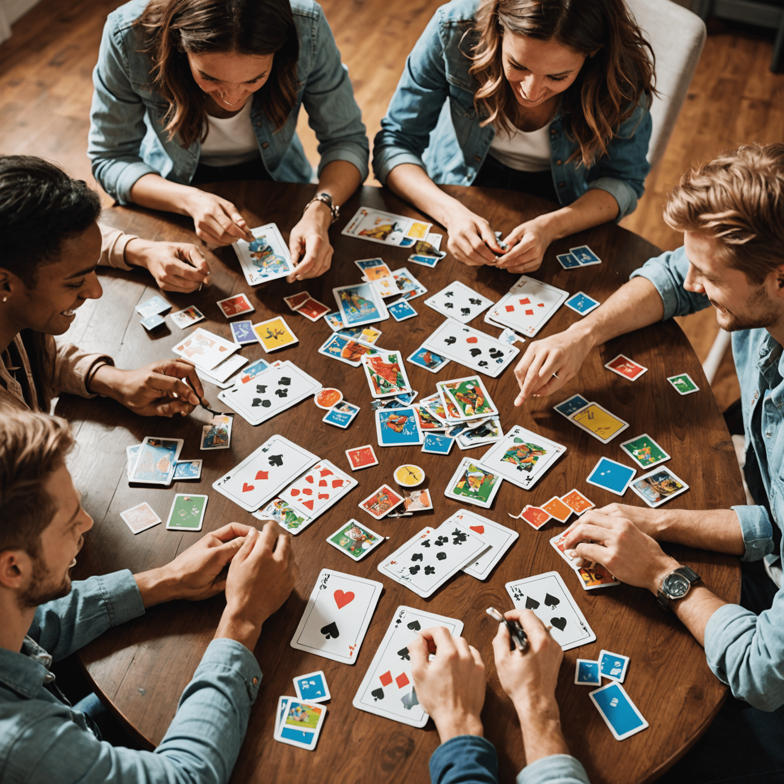 A lively group of friends playing a party game, with cards and game pieces scattered on a table, capturing the energy and fun of quick, easy-to-learn games.