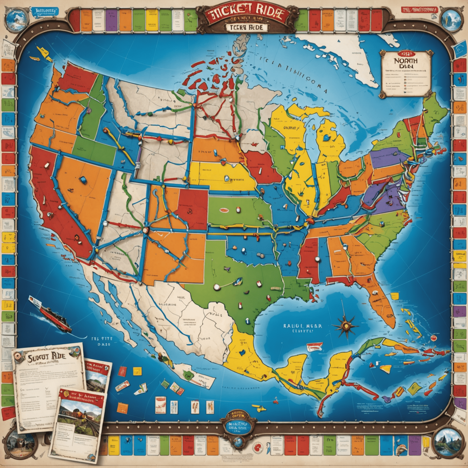 The Ticket to Ride game board showing a map of North America with colorful train routes, surrounded by train cards and small plastic trains of various colors.