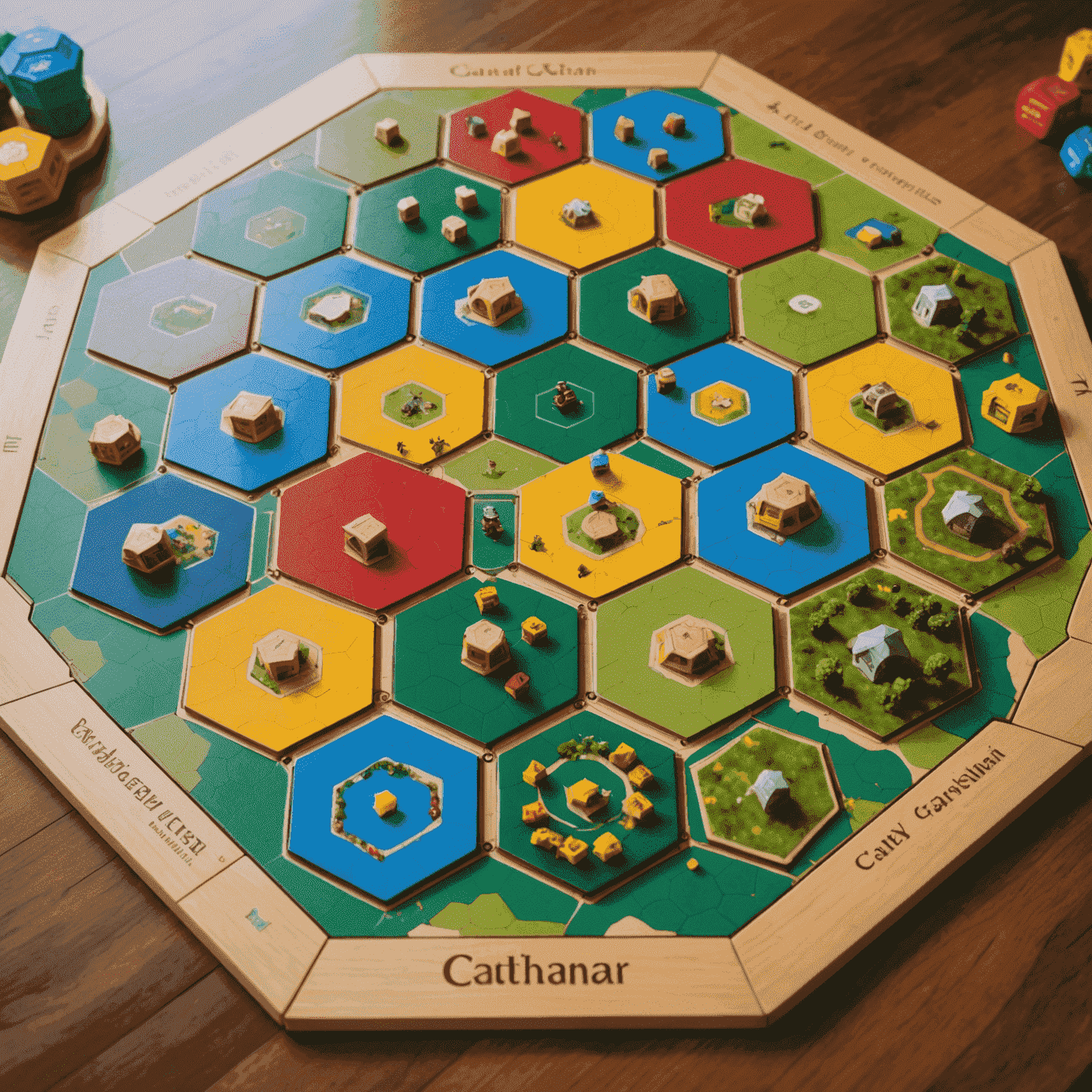 A colorful Catan board set up for play, showcasing the hexagonal tiles representing different resources, with settlements and roads placed strategically. The image conveys the game's blend of resource management and negotiation.