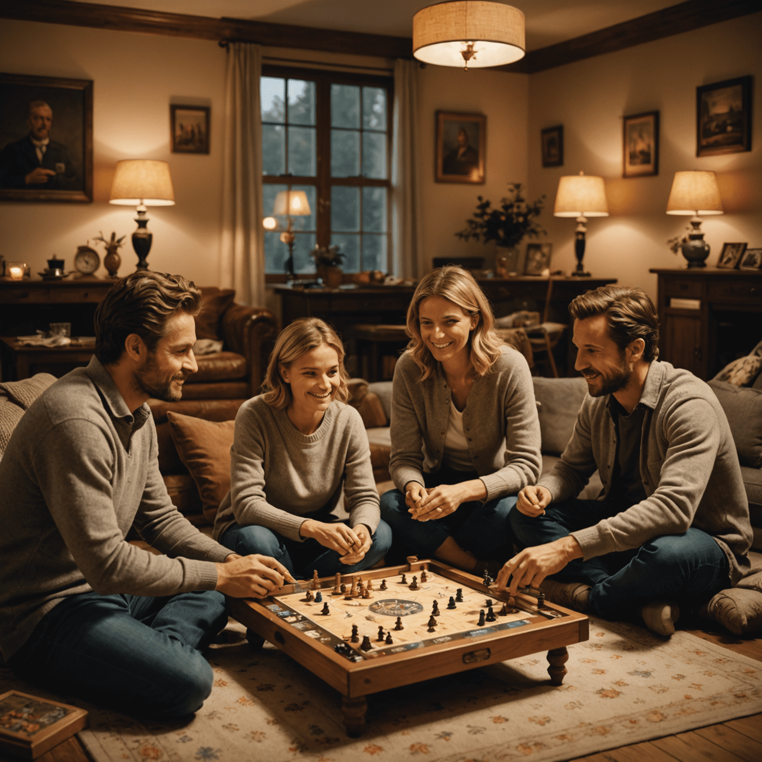 A cozy living room scene with a family gathered around a coffee table, engrossed in playing a German-style board game. The room is warmly lit, and you can see expressions of concentration and joy on the players' faces.