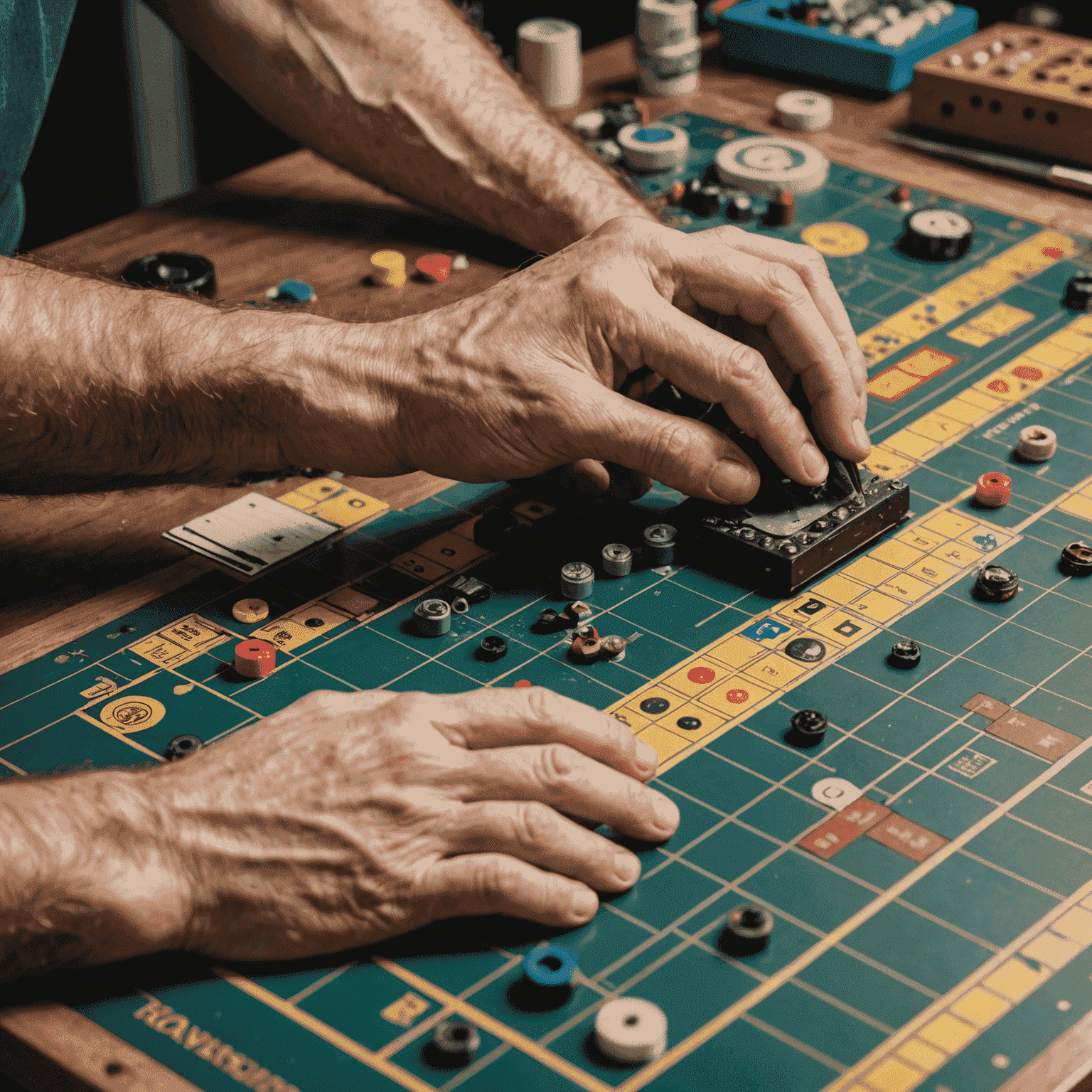 A close-up of hands carefully repairing a game board with archival tape, showing attention to detail in game maintenance