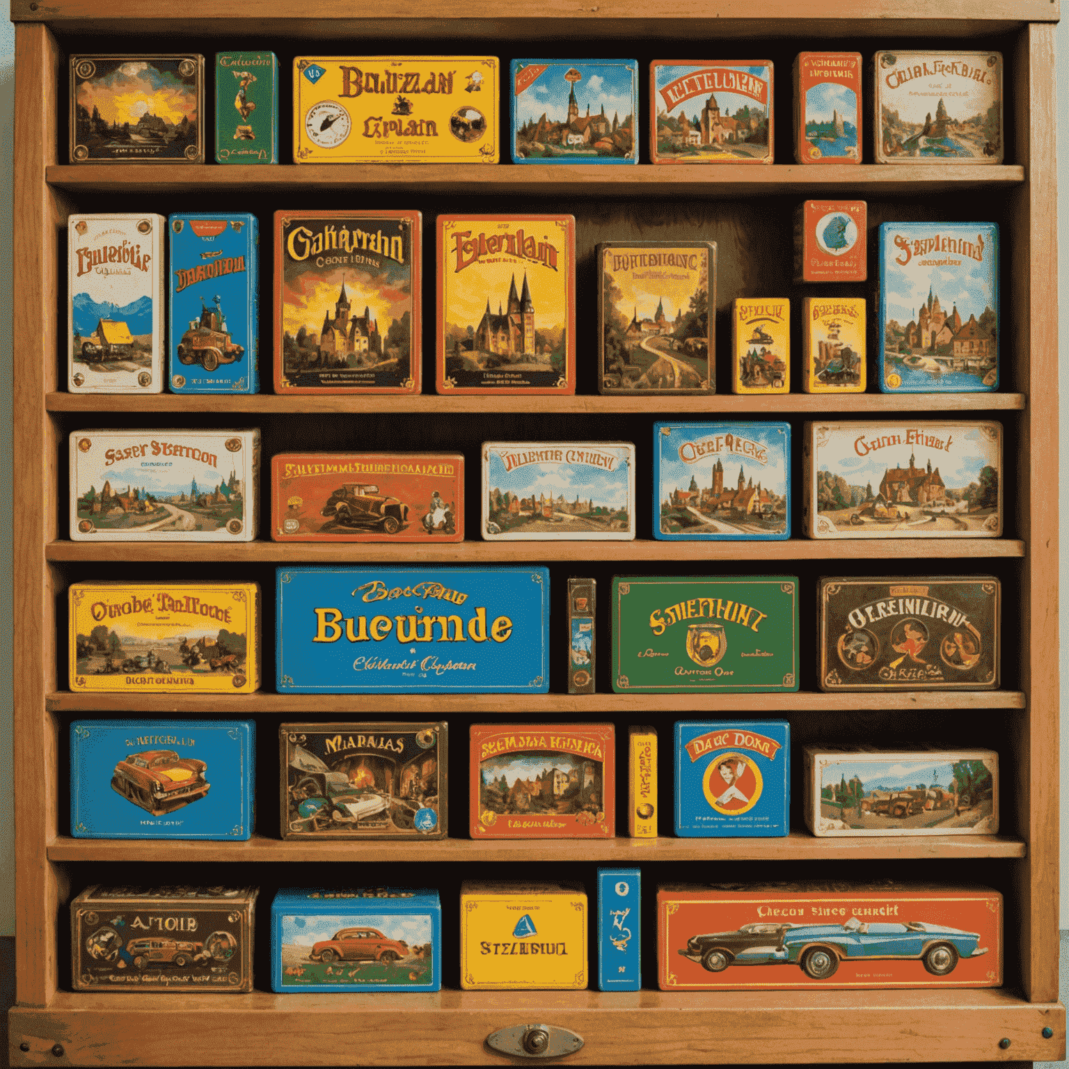 A collection of classic German board games displayed on a wooden shelf, showcasing their distinctive box art and components.