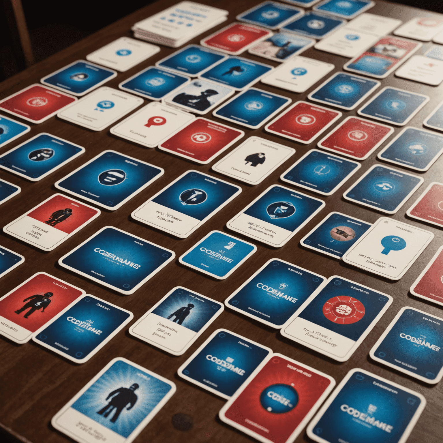 A game of Codenames in progress, with a grid of word cards laid out on the table, surrounded by the red and blue agent cards, and the key card visible to the spymaster.