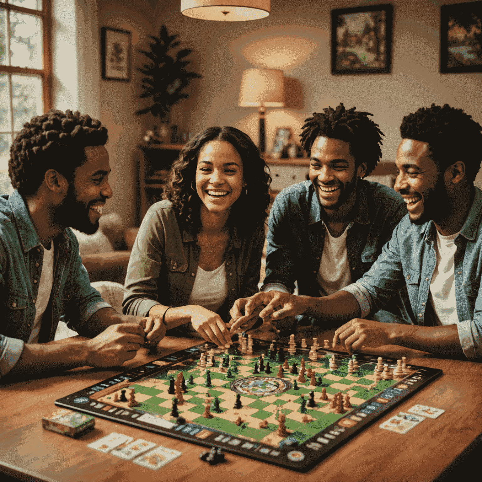 A diverse group of friends and family members laughing and interacting around a table filled with various strategy board games. The scene is warm and inviting, with soft lighting highlighting the joy and engagement on everyone's faces.