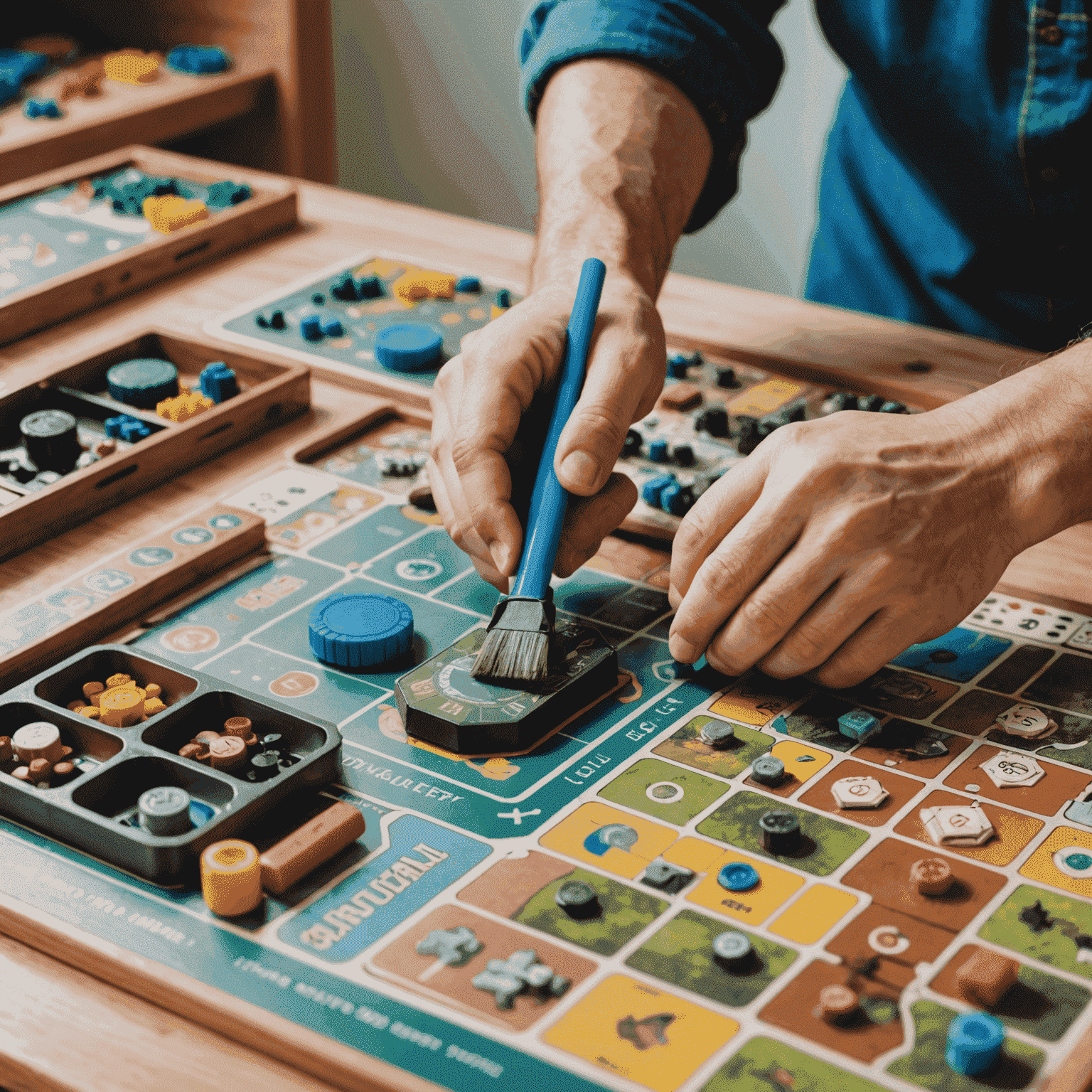 A person carefully cleaning a board game, with various maintenance tools and storage solutions visible in the background.