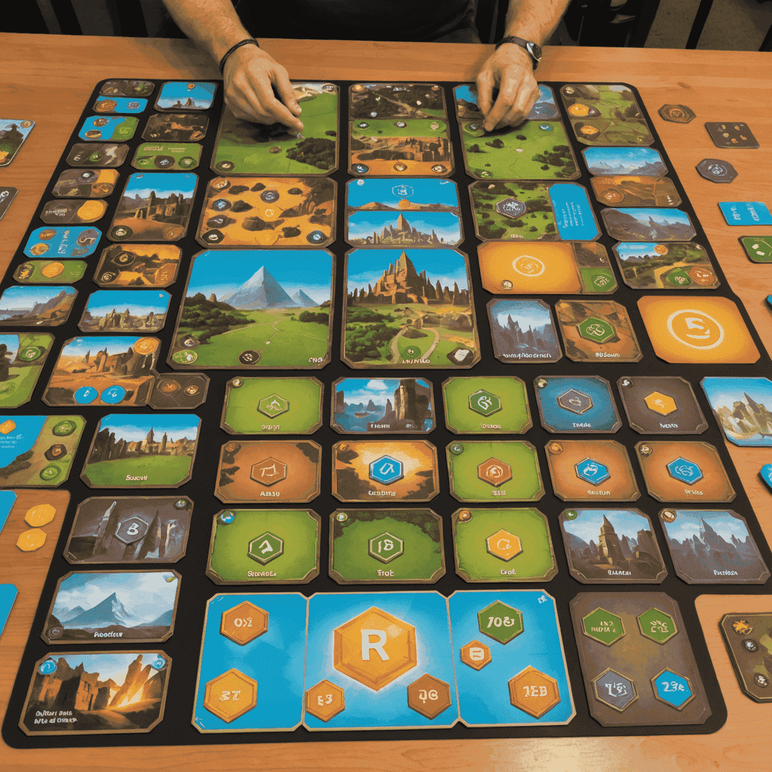 Multiple player areas set up for 7 Wonders, each with a wonder board, various colored cards representing different types of buildings and advancements, and resource tokens.