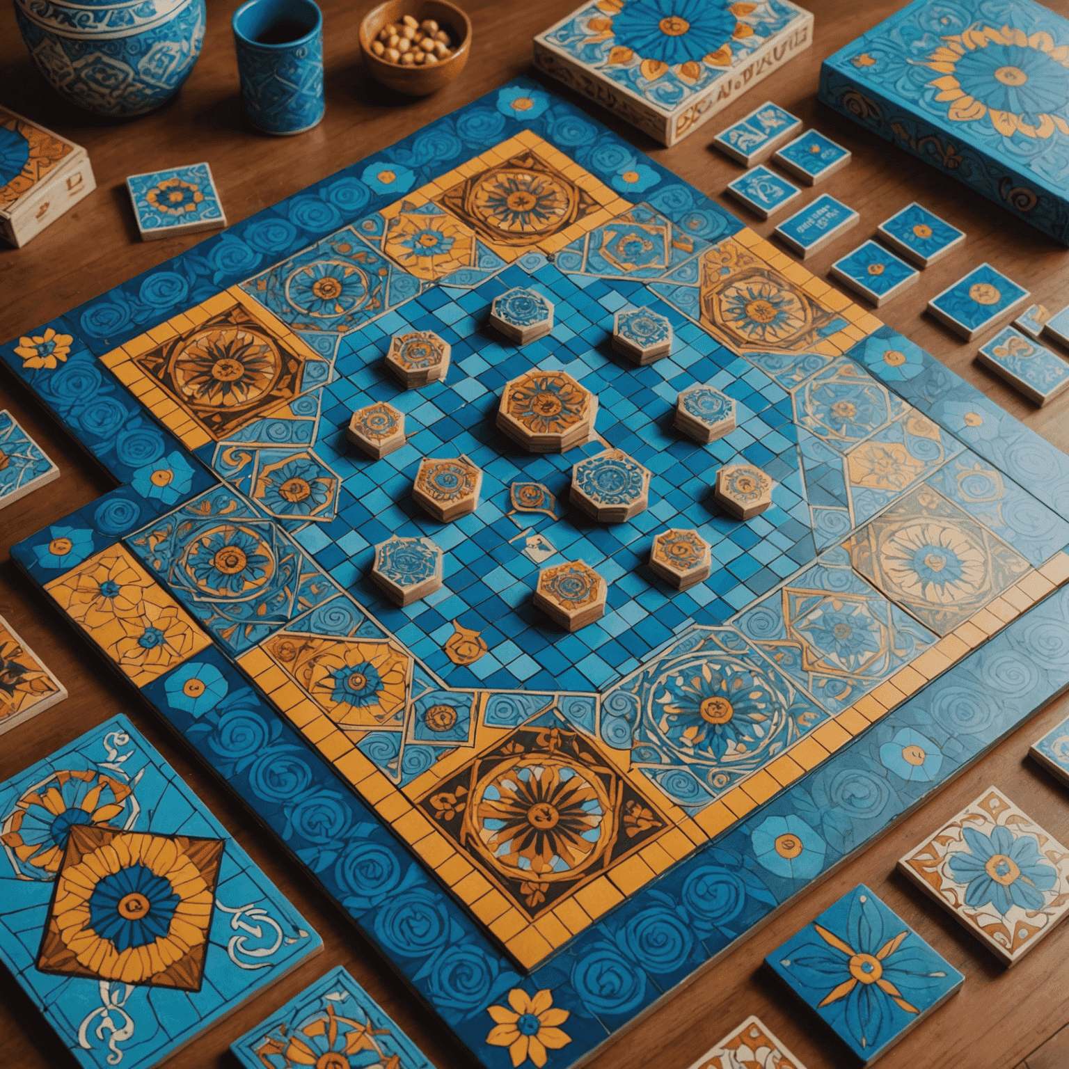 The Azul game in play, featuring the central market board with colorful tiles, individual player boards with partially completed patterns, and the game box showcasing the intricate artwork.