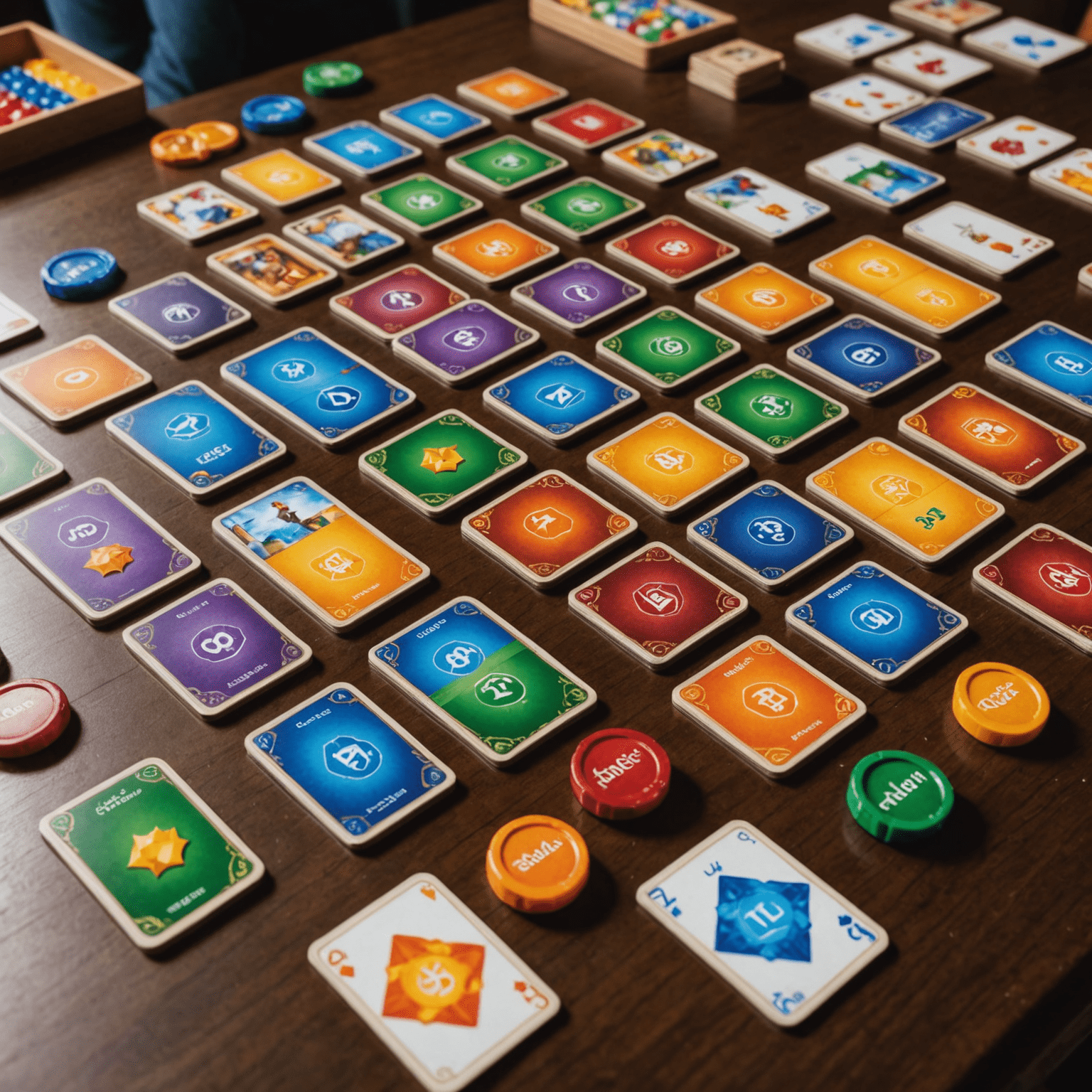 A game of Splendor set up on a table, displaying the rows of development cards, noble tiles, and an array of colorful gem tokens that players use to purchase cards.