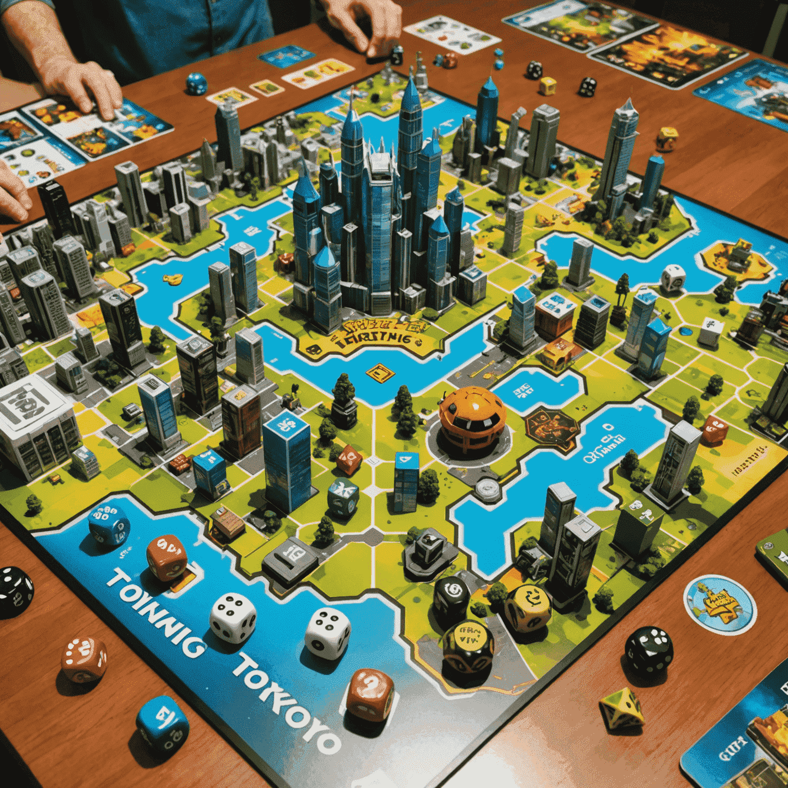 The King of Tokyo game board with monster standees, energy cubes, and custom dice. The Tokyo cityscape card is in the center, surrounded by player boards showing health and victory points.